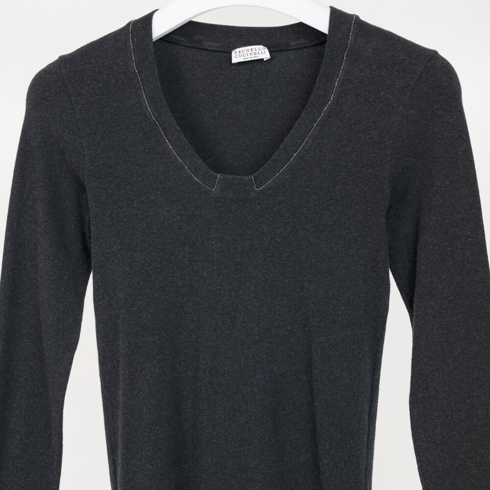 Brunello Cucinelli Grey Cotton-Knit Monili-Bead Pullover - Picture 3 of 10